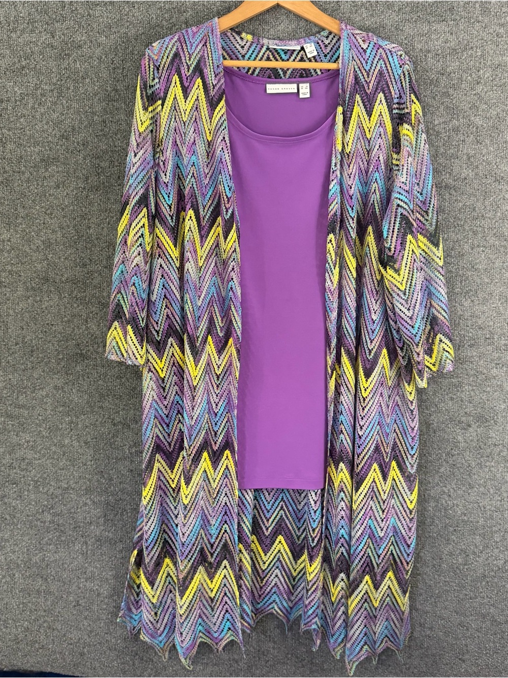 Susan Graver Womens 3X Two Piece Open Knit  Duster Tank Set Purple 3/4 Sleeve